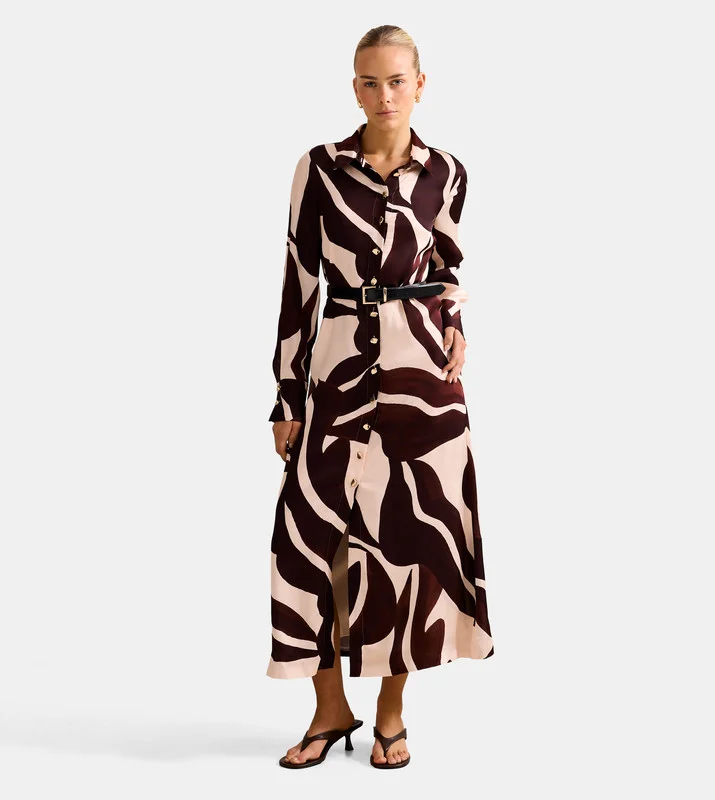 ELLIANA Patterned Satin Midi Shirt Dress
